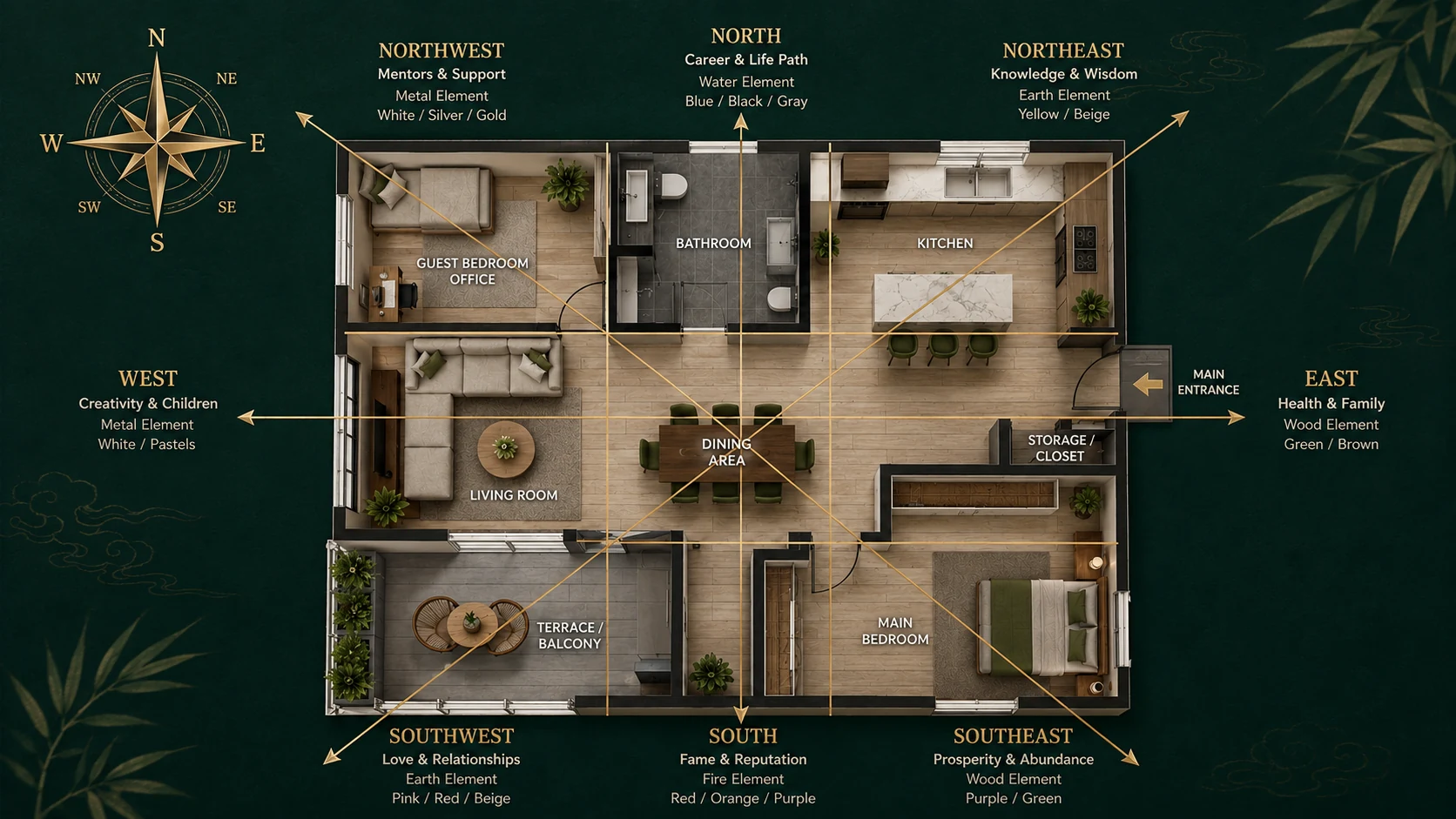 Feng Shui floor plan and compass illustration