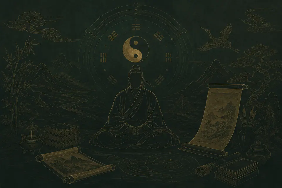 Daoist basics archive illustration with scripture and celestial texture