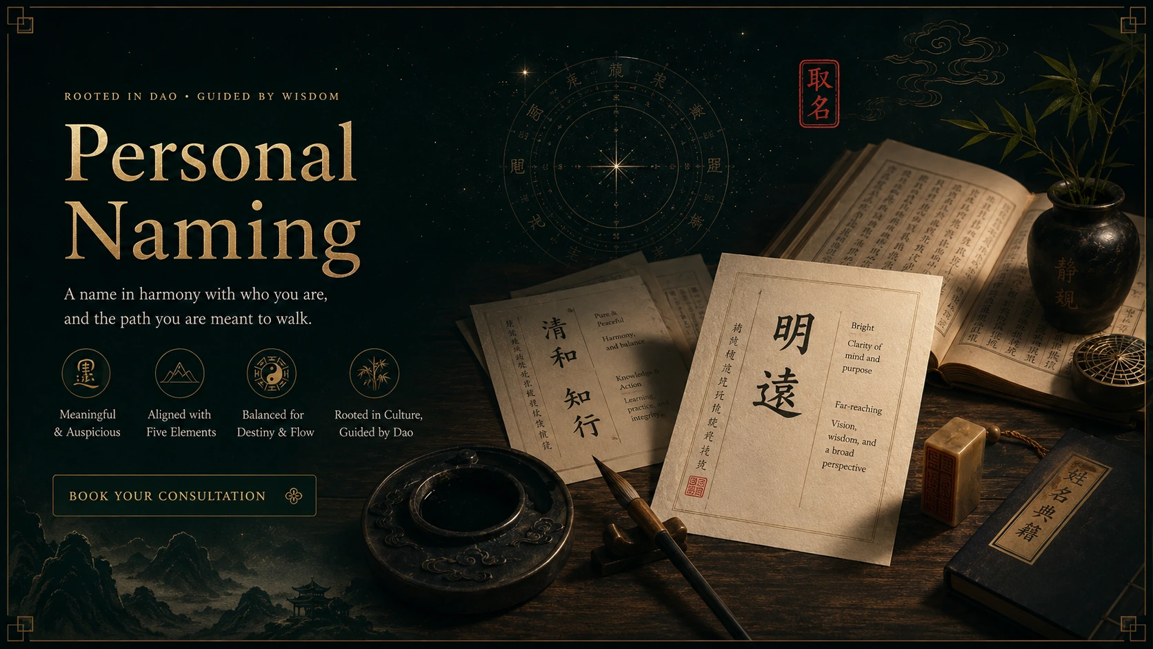 Personal naming consultation with name papers and Daoist study objects